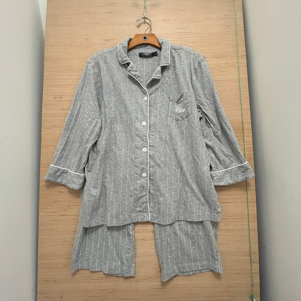 Lauren Ralph Lauren Pajama Set XL Gray White Pinstripe Button Down Jersey Knit
